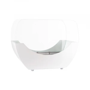 White cradle shaped fireplace with glass panels