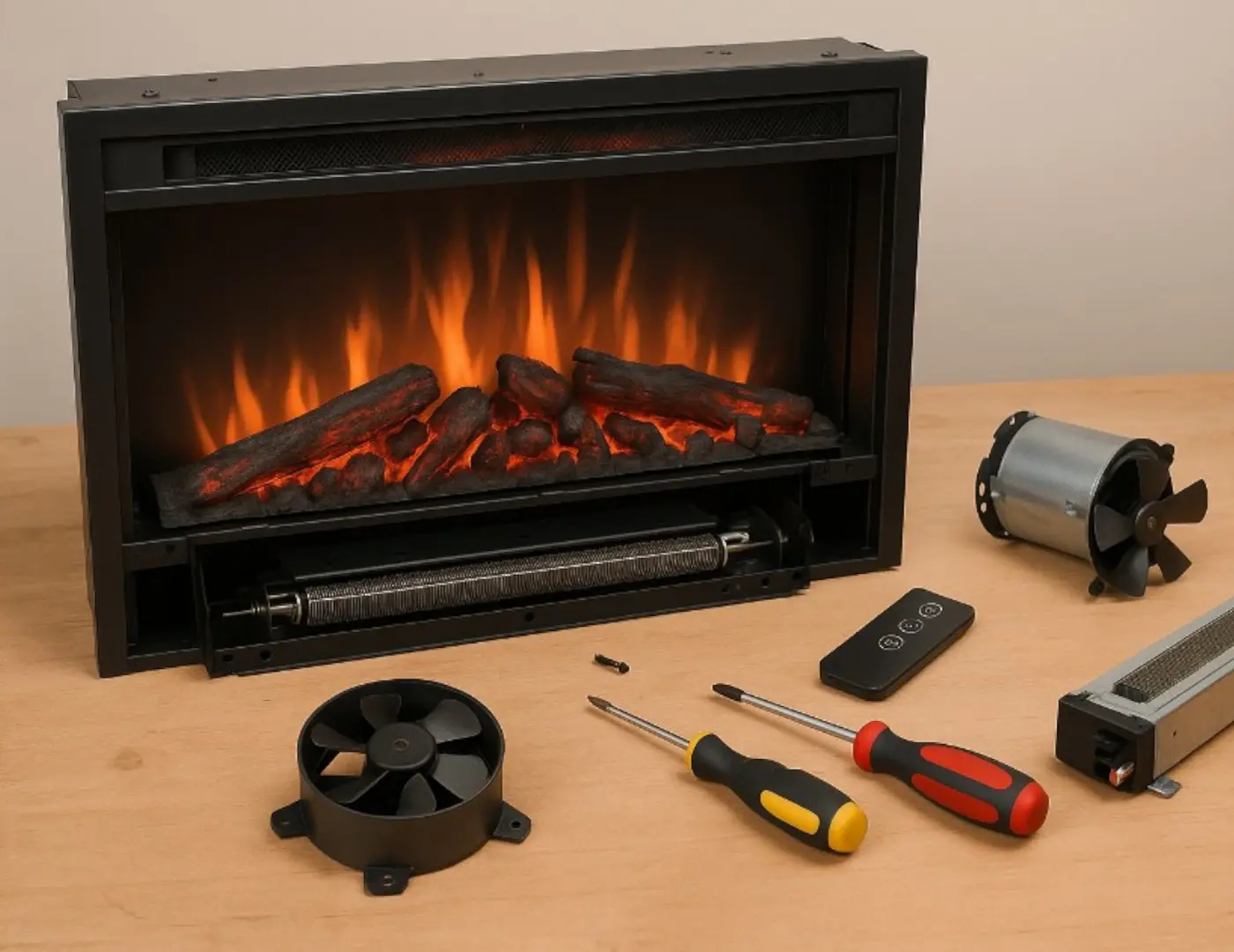 Electric fireplace on a table being serviced. Various spare parts and tools are placed next to the fireplace