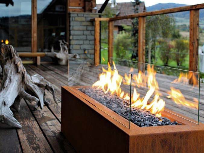 Outdoor gas fireplace in corten steel