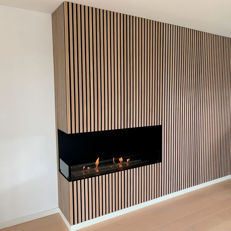 Akustic panels by built-in fireplaces