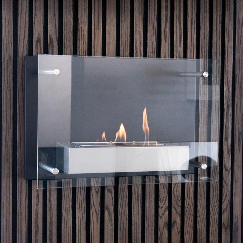 Akustic panels by wall mounted fireplaces