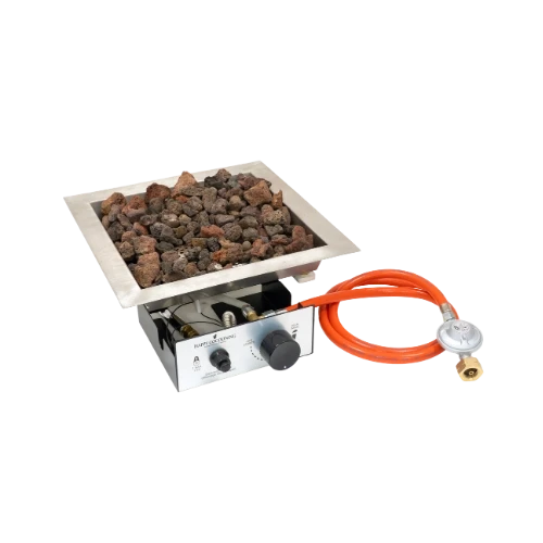Burner Square 36x36cm Built-In LPG Gas Burner by Happy Cocooning – Stainless Steel 47 x 36.5cm – 8.5 kW – Includes Lava Stones & Regulator