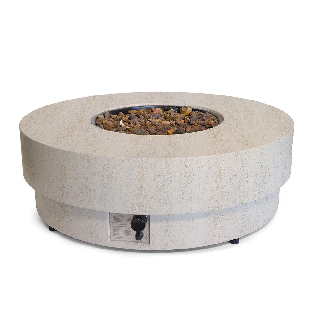 Estate Round 105 Travertine Gas Firepit Table by Happy Cocooning – 105cm Composite Stone-Look Outdoor Table 16.5 kW