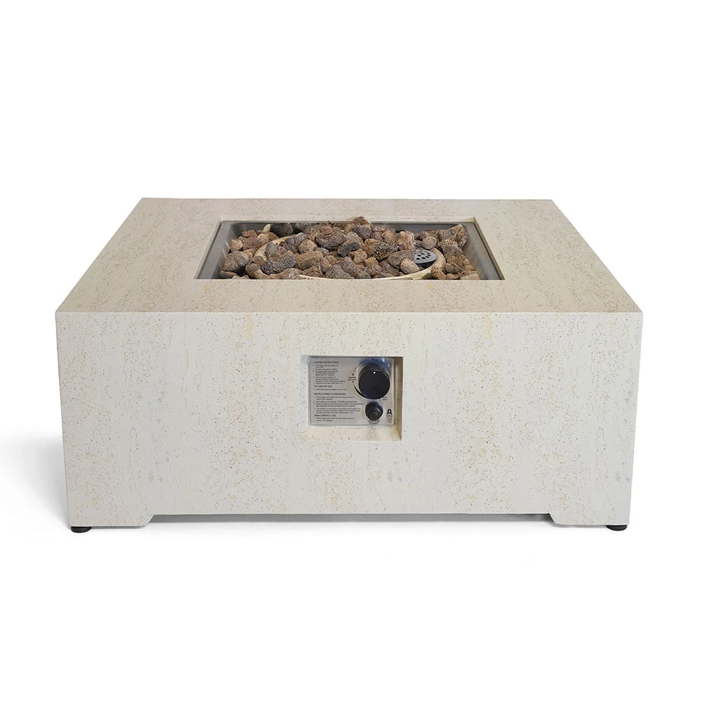 Estate Square 88 Travertine Gas Firepit Table by Happy Cocooning – 88cm Composite Stone-Look Outdoor Table 16.5 kW