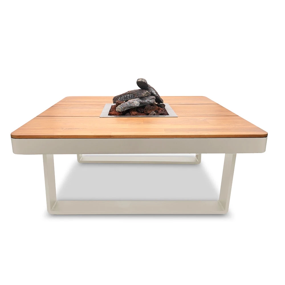 Horizon 95 Oyster Beige Gas Firepit Table by Happy Cocooning – 95cm Square Outdoor Table with Acacia Wood Top