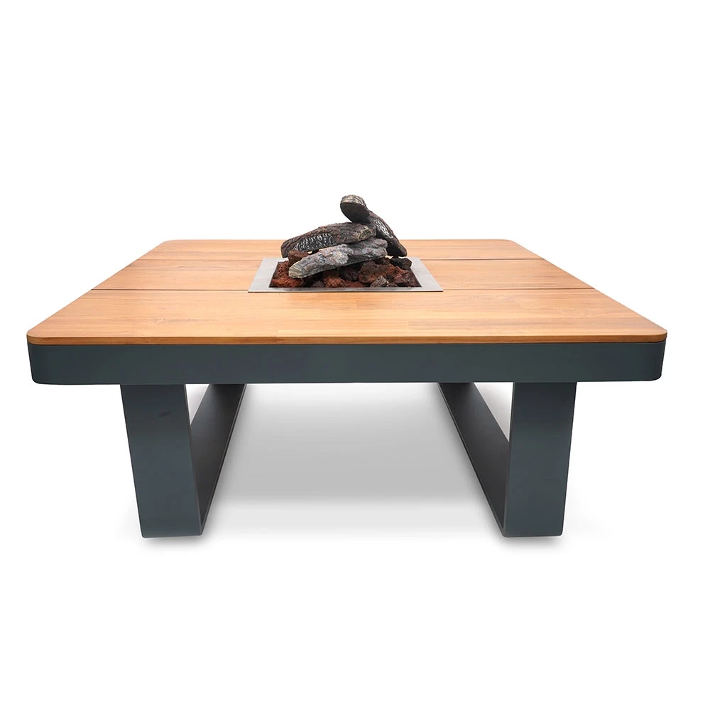 Horizon 95 Smokey Anthracite Gas Firepit Table by Happy Cocooning – 95cm Square Outdoor Table with Acacia Wood Top