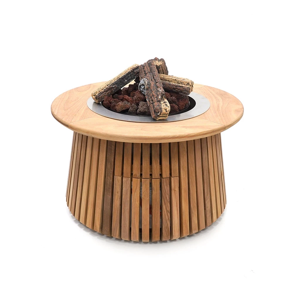 Lagune Round 60 Teak Gas Firepit Table by Happy Cocooning – 60cm Solid Teak Outdoor Table 8.5 kW