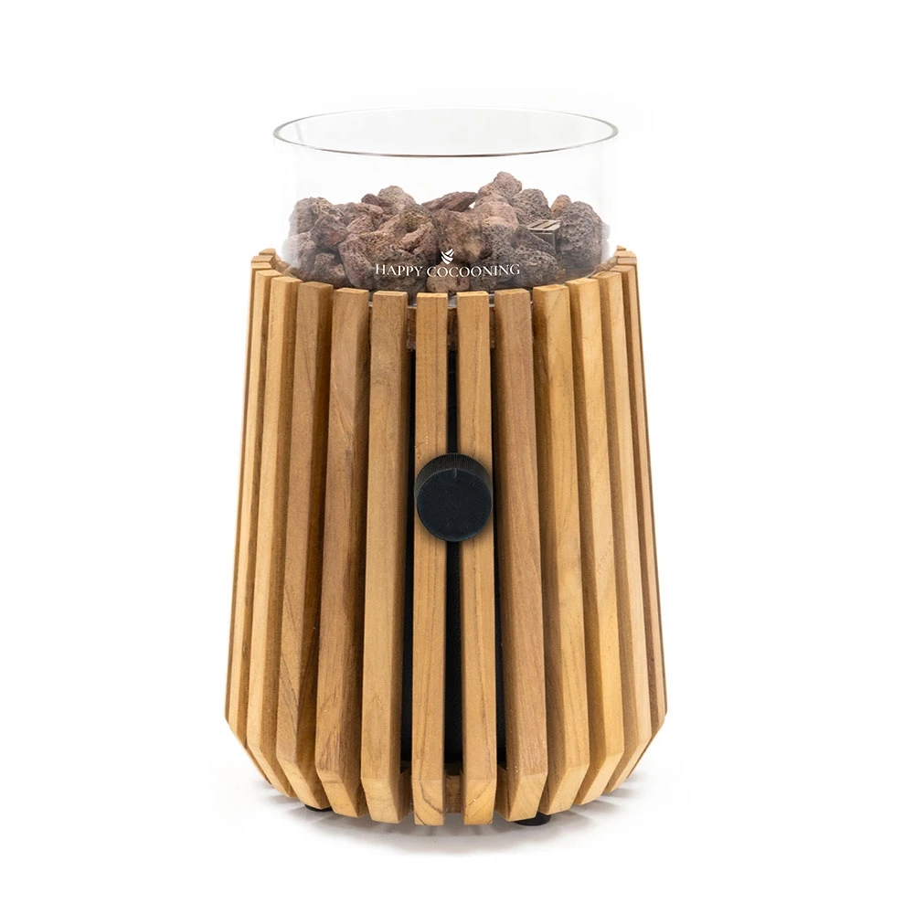 Lumi Lagune Teak Tabletop Gas Fireplace by Happy Cocooning – Solid Teak Slatted Design 1.98 kW – EN417 Compatible