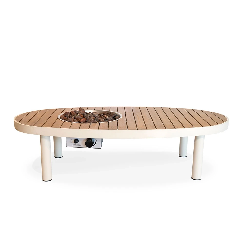 Riviera 140 Oyster Beige Gas Firepit Table by Happy Cocooning – 140cm Oval Outdoor Table with Acacia Wood Top