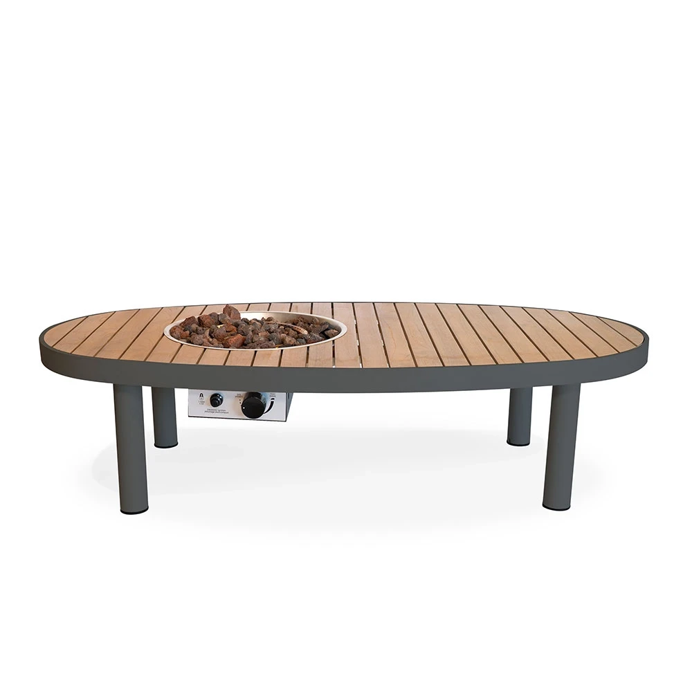 Riviera 140 Smokey Anthracite Gas Firepit Table by Happy Cocooning – 140cm Oval Outdoor Table with Acacia Wood Top