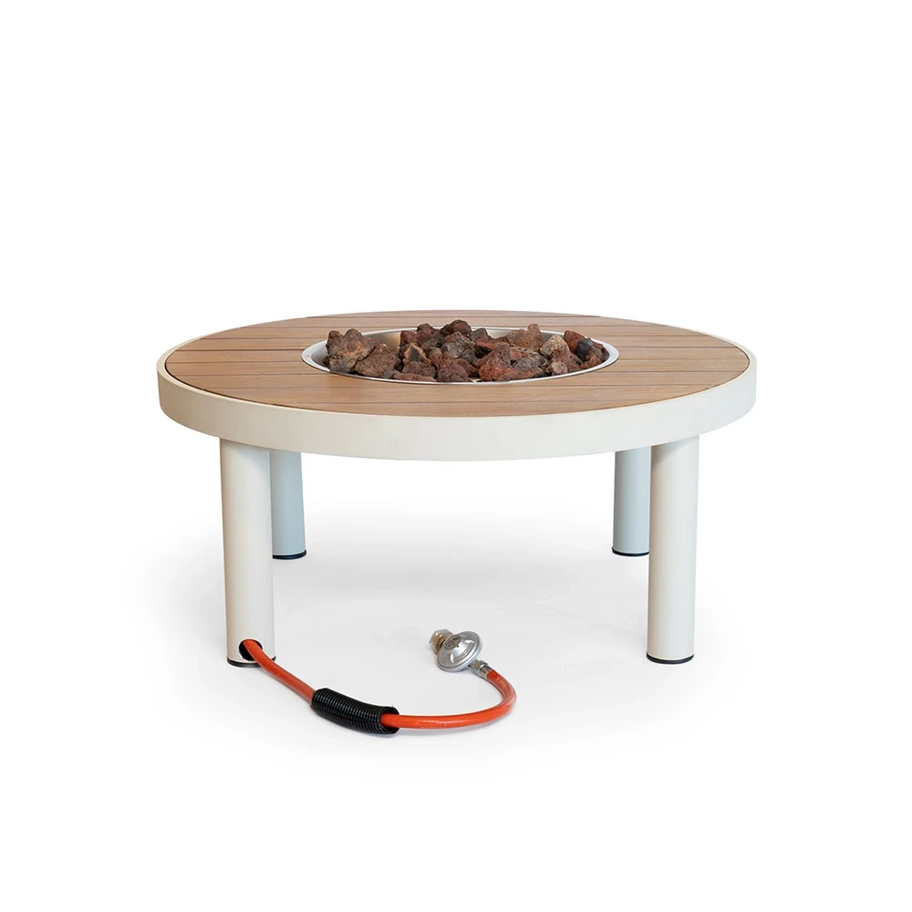 Riviera 80 Oyster Beige Gas Firepit Table by Happy Cocooning – 80cm Round Outdoor Table with Acacia Wood Top