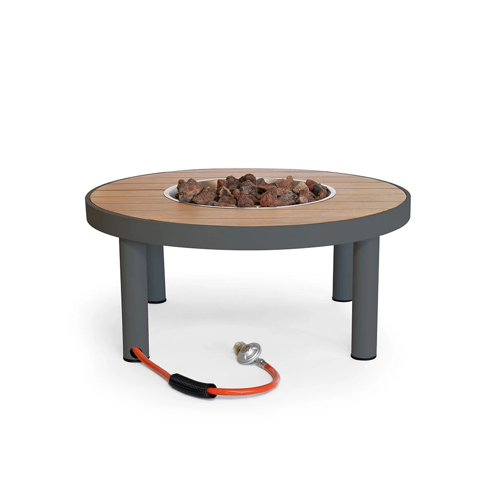 Riviera 80 Gas Firepit Table by Happy Cocooning – 80cm Round Smokey Anthracite Outdoor Fire Table with Acacia Top