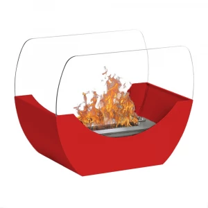 Red cradle shaped fireplace with glass panels