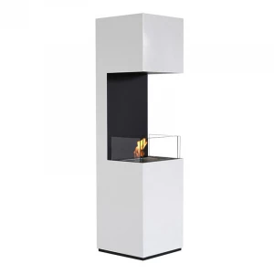 Elegant and tall freestanding fireplace in white with three glass panels