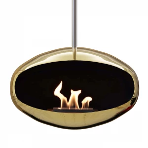 Cocoon Fires Aeris ceiling mounted bioethanol fireplace in a new polished brass finish