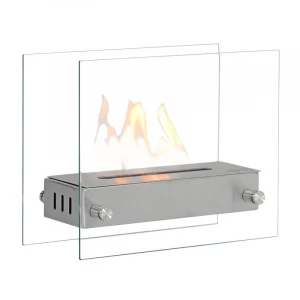 Small tabletop bio fireplace of steel and glass