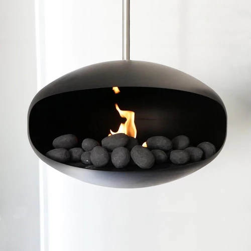 Black Ceramic Fire Pebbles in Suspended Fireplace
