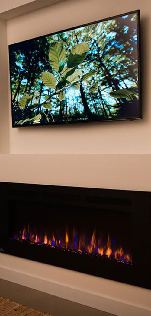 Napoleon Electric Fireplace in Wall with TV Mounted On Top of It